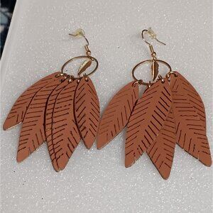 Brown Leather Leaf Dangle Earrings With Gold-Tone Hoops Lightweight & Stylish Ac